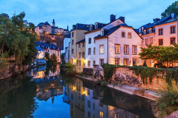 Twilight Over Luxembourg City Waterfront Evening in Luxembourg City along the River