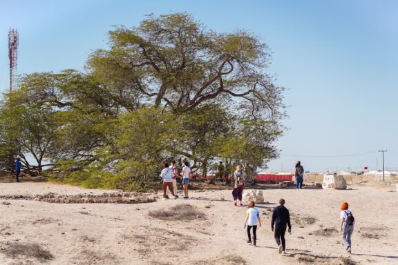Visitors at the Tree of Life in Bahrain Tree of Life, a solitary mesquite tree that has survived for over 400 years in the desert