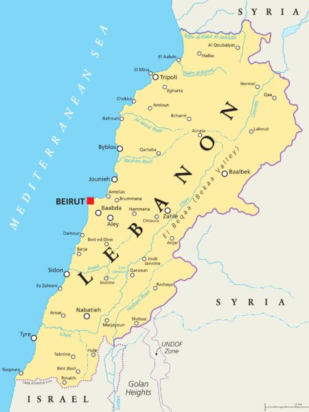 Map of Lebanon Highlighting Major Cities and Borders Beirut, the capital city of Lebanon