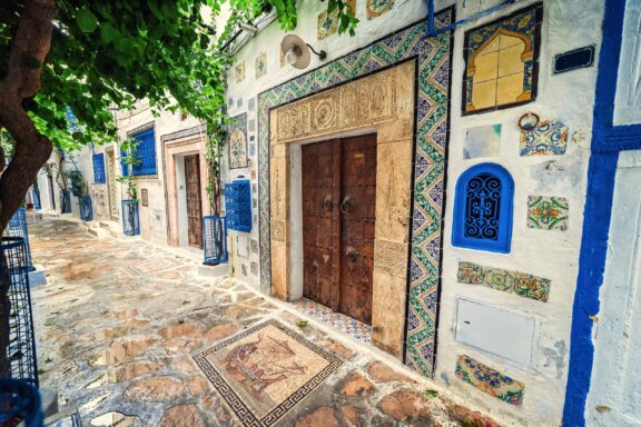 Colorful Alley in Tunis Medina A maze of narrow alleys in the Medina of Tunis