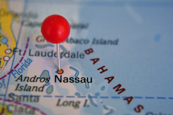 Red Pin on Nassau Location Map Close-up location of Nassau on the island of New Providence