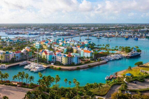 Aerial View of Nassau Paradise Island Marina Cityscape of Nassau with Paradise Island in the foreground