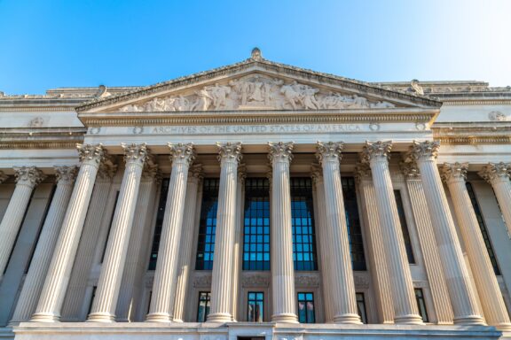 Facade of the National Archives Museum National Archives Museum, home to the original copies of the Declaration of Independence, the Constitution, and the Bill of Rights