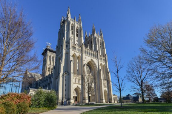 Exterior View of Gothic Cathedral on a Sunny Day Washington National Cathedral, completed in 1990