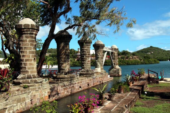 Historic Dockyard with Stone Pillars and Tropical Scenery Nelson's Dockyard, named after Admiral Horatio Nelson