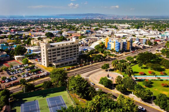 Aerial View of a Modern Urban Area New Kingston, the financial heartbeat of Jamaica, home to various banks, multinational corporations, and financial institutions