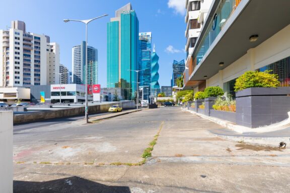 Urban Street View with Modern Skyscrapers Obarrio District, known as the financial nerve center of Panama City
