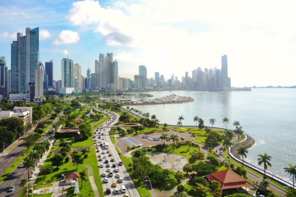 Panama City Skyline and Coastal Road Landscape of Panama City and Panama Bay