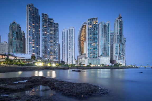 Panama City Skyline at Night, a blend of architectural styles, reflecting its economic growth and diverse influences