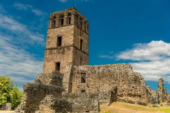 Ruins of Panama Viejo with Stone Tower and Blue Sky Ruins at Panama Viejo, haunting reminders of the original Panama City
