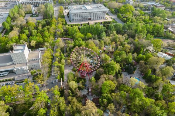 Aerial View of Panfilov Park with Ferris Wheel Panfilov Park, named after Ivan Panfilov, a hero of the Soviet Union