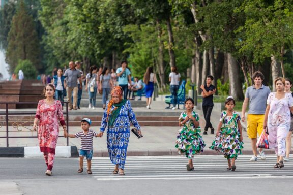 Pedestrians Crossing Street in Dushanbe Dushanbe's pedestrian-friendly avenues