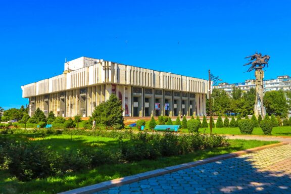 Modern Philharmonic Hall Exterior on a Sunny Day Philharmonic Hall, a focal point for classical music in Bishkek
