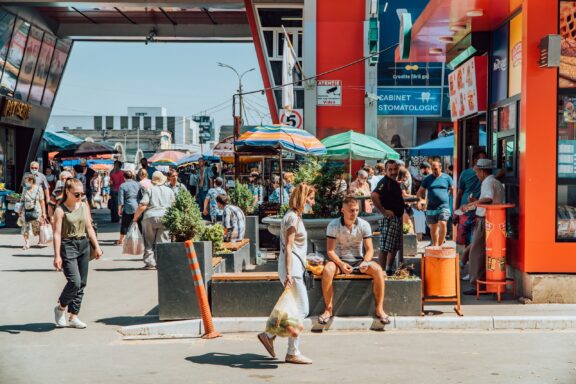 Bustling Outdoor Market Scene View of city's everyday vibrant commercial life