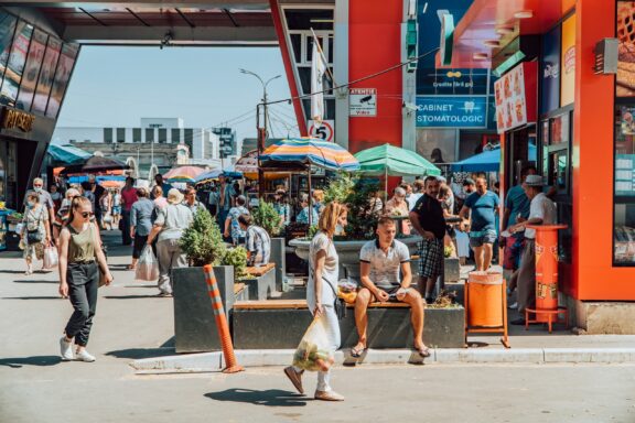 View of city's everyday vibrant commercial life