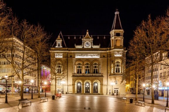 Illuminated European Town Square at Night Place d'Armes, known as the "sitting room" of Luxembourg