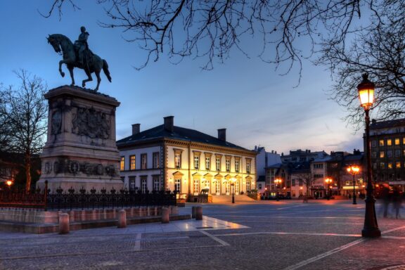 Twilight at Place Guillaume II with Equestrian Statue and Street Lamp Place Guillaume II Square, named after King William II