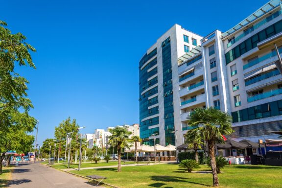 Downtown Podgorica Cityscape Modern buildings in the city's central district, serving as the financial heart of Montenegro