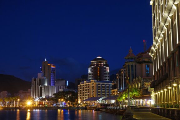 Nighttime Cityscape of Port Louis Commercial Area Financial District with Bank of Mauritius Tower in the background