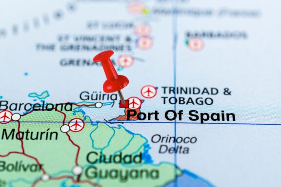 Map Highlighting the Location of Port of Spain in Trinidad and Tobago Pinned location of Port of Spain on the shoreline of Trinidad