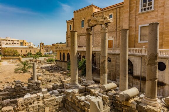 Ancient Roman Ruins with Columns Roman Cardo Maximus, a testament to Beirut's Roman heritage
