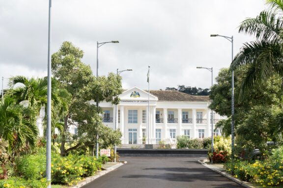 Government House in Roseau with Driveway and Landscaped Gardens Government House in Roseau: Serving as the official residence of Dominica's Head of State