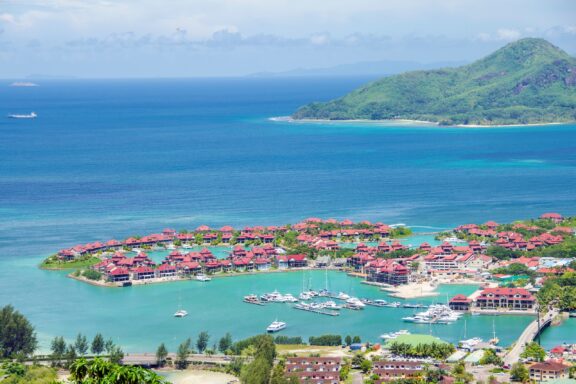 Seychelles Coastal Resort View Aerial view over Victoria with Saint-Anne Marine National Park