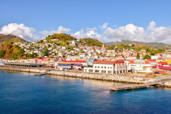 Coastal Cityscape with Port and Colorful Buildings Aerial view of the the picturesque St. George's