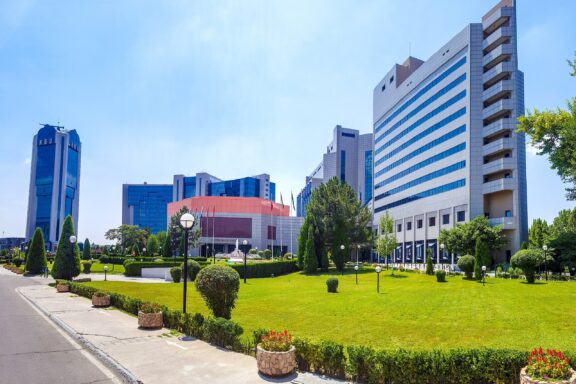 Commercial District in Tashkent with Modern Buildings and Landscaped Garden Financial District and National Bank of Uzbekistan