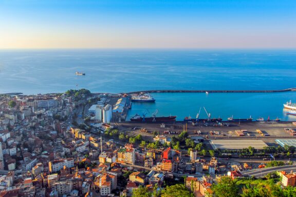 An aerial view of the city and port of Trabzon, Turkey.