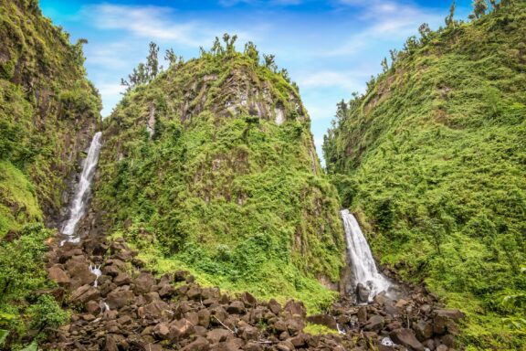 Twin Waterfalls Amidst Greenery Trafalgar Falls, part of the Morne Trois Pitons National Park