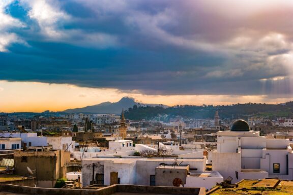 Cityscape of Tunis at dawn, capturing the essence of Tunis' architectural diversity