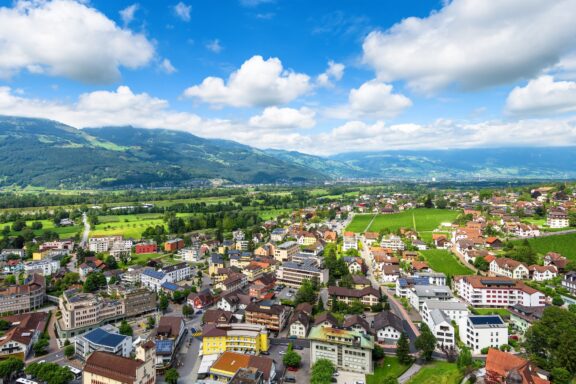 Vaduz Cityscape with Mountains Skyline of Vaduz, a juxtaposition of modernity and tradition
