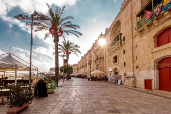 Sunset at Valletta Waterfront Promenade Valletta Waterfront, once a hub for merchant ships in the 18th century, is now a lively area filled with shops and restaurants