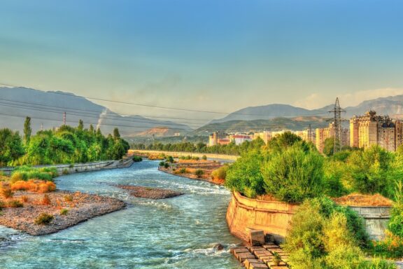 Sunset Glow Over Dushanbe River Varzob River and the Pamir Alay