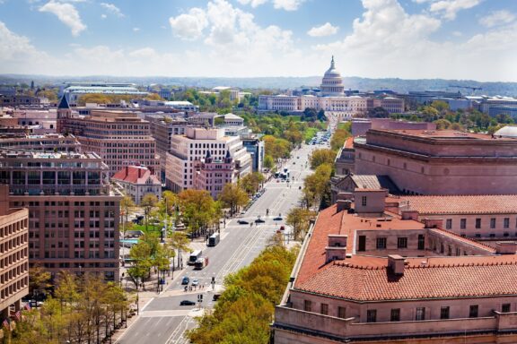 Washington DC Cityscape View with Capitol Building The Cityscape of Washington D.C., a prawling city along the Potomac River