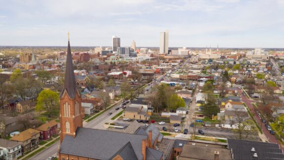 An aerial view of downtown Fort Wayne in Allen County, Indiana.