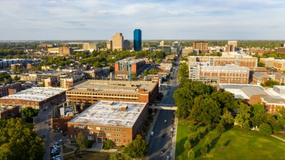 An aerial view of the University of Kentucky Campus buildings in Lexington, Kentucky.