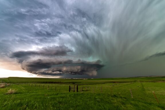 A view of a supercell storm spinning in the sky near Ryegate in Montana’s Golden Valley County.