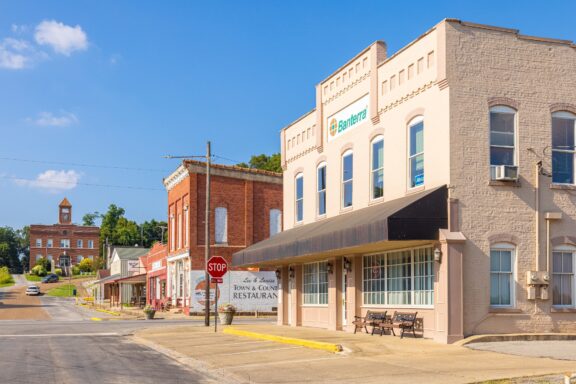 A street-level view of an empty Main Street in Elizabethtown, Illinois.