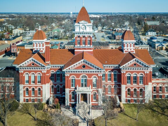 An aerial view of the Lake County Courthouse in Crown Point, Indiana.