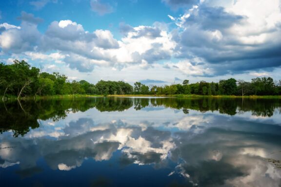 A view of a lake at the Independence Grove Forest Preserve in Lake County, Illinois.