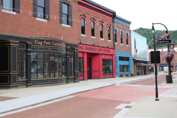 A street view of shop fronts in downtown Pikeville, Kentucky.