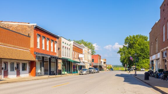 A view of a street lined with buildings in Golconda, Illinois.