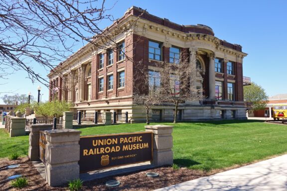 A view of the façade of the Union Pacific Railroad Museum in Council Bluffs, Iowa.