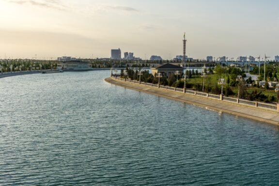 A view of the Avaza River flowing through Turkmenbashi, Turkmenistan.