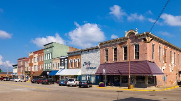 A view of colorful building fronts on Union Street in Liberty, Indiana.