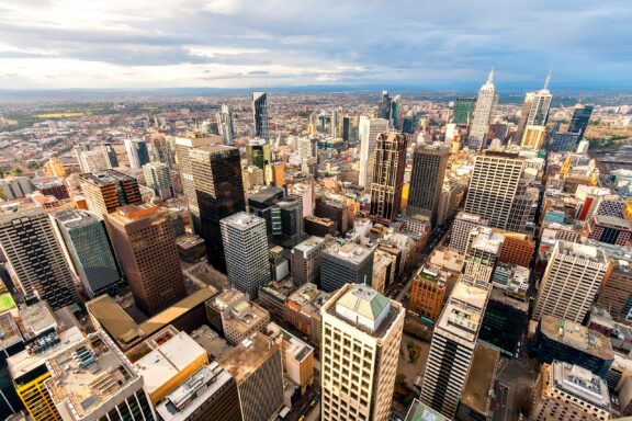 An aerial view of skyscrapers in the city center of Melbourne, the capital of Victoria.