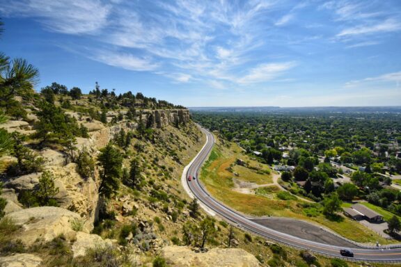 An aerial view of the Zimmerman Trail as it winds through rocky countryside near Billings, Montana.