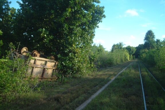 Overgrown Abandoned Railway with Derailed Carriage Abandoned Railway near Yaren, once a crucial infrastructure for transporting phosphate